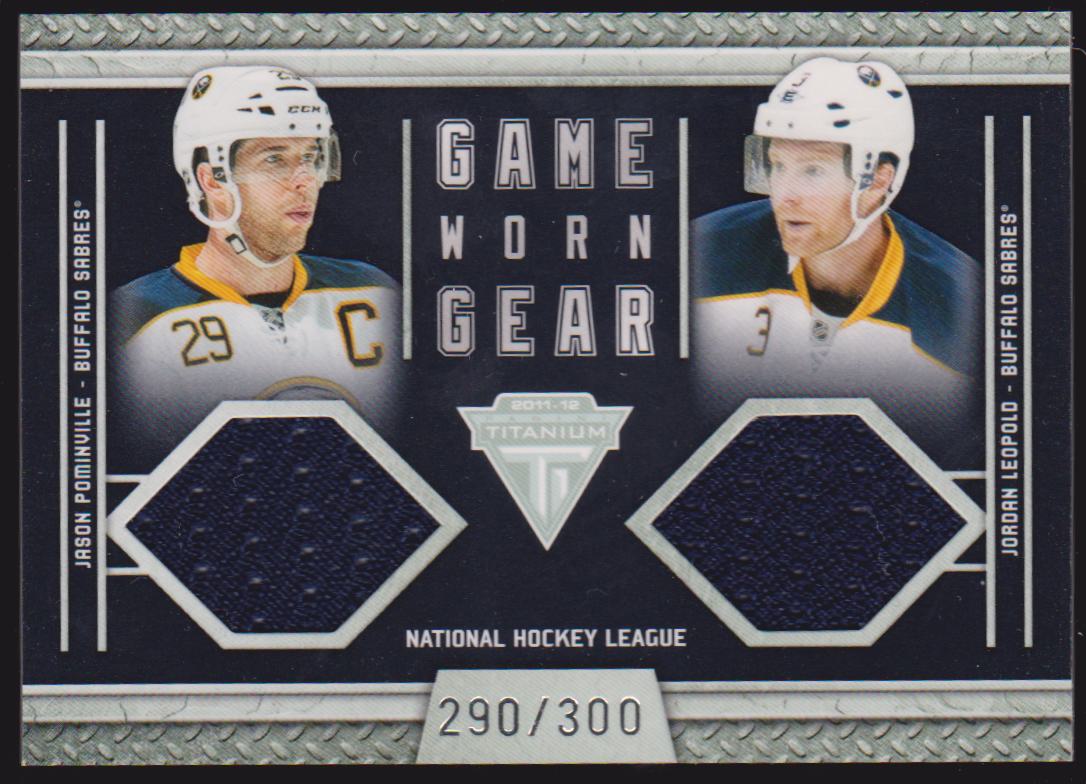 2011-12 Panini Titanium Game Worn Gear Dual Memorabilia #38 Jason Pominville/Jordan Leopold 290/300 - Jerseys (image for) 2011-12 Panini Titanium Game Worn Gear Dual Memorabilia #38 Jason Pominville/Jordan Leopold 290/300 - Jerseys