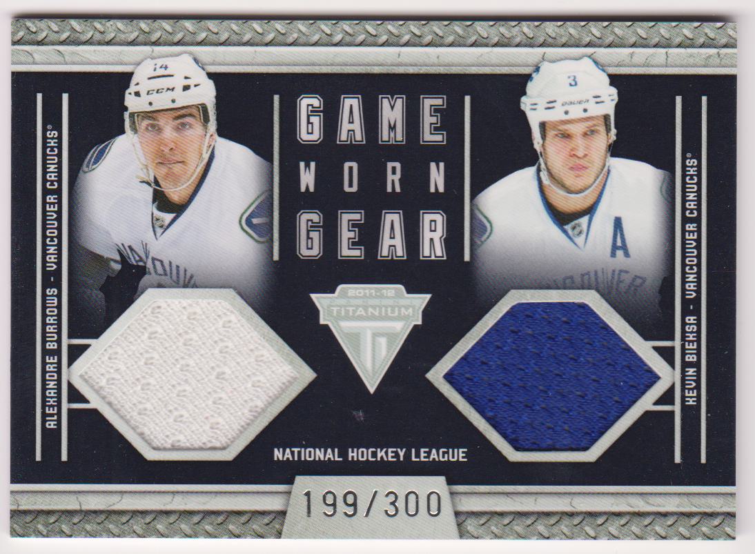 2011-12 Panini Titanium Game Worn Gear Dual Memorabilia #20 Alexandre Burrows/Kevin Bieksa 199/300 Jerseys (image for) 2011-12 Panini Titanium Game Worn Gear Dual Memorabilia #20 Alexandre Burrows/Kevin Bieksa 199/300 Jerseys