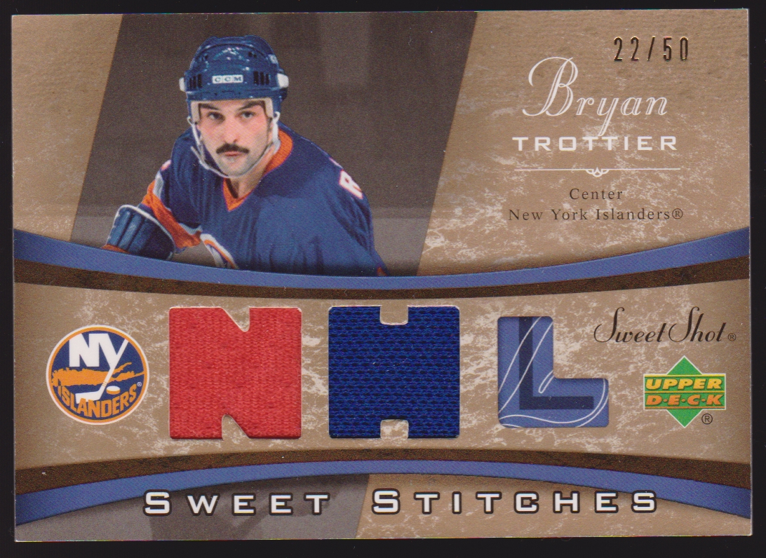 2006-07 Sweet Shot Sweet Stitches Duals #SSBT Bryan Trottier 22/50 (image for) 2006-07 Sweet Shot Sweet Stitches Duals #SSBT Bryan Trottier 22/50