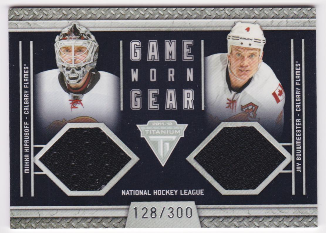 (image for) 2011-12 Panini Titanium Game Worn Gear Dual Memorabilia #6 Miikka Kiprusoff/Jay Bouwmeester 128/300 - Jerseys