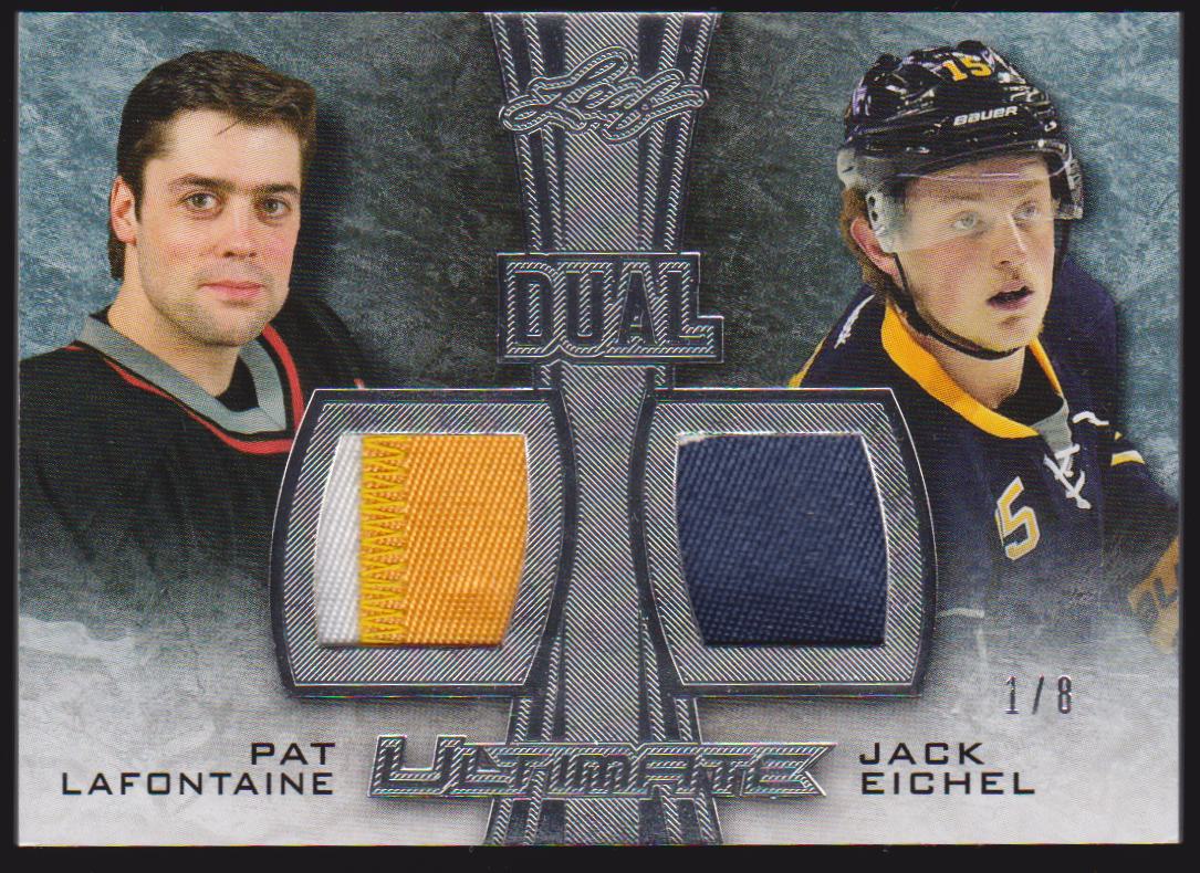 2015-16 Leaf Ultimate Dual Ultimate Memorabilia Patch #UDP09 Pat LaFontaine/Jack Eichel 1/8 (image for) 2015-16 Leaf Ultimate Dual Ultimate Memorabilia Patch #UDP09 Pat LaFontaine/Jack Eichel 1/8
