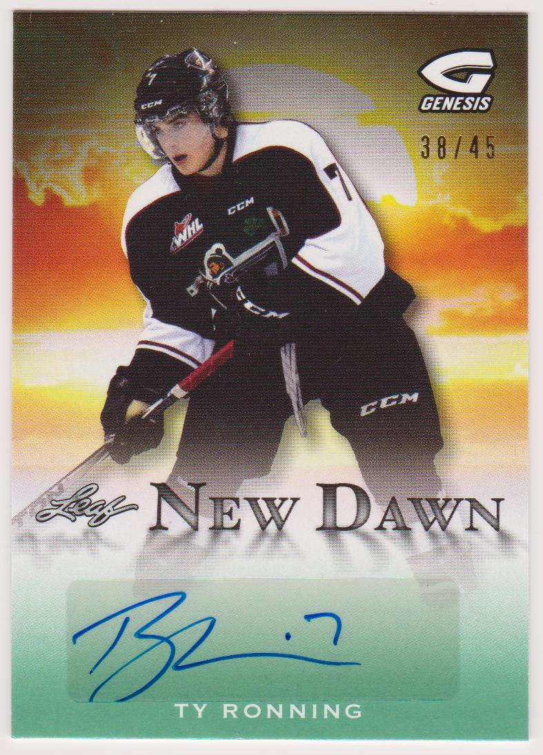 2015-16 Leaf Genesis New Dawn Autographs Emerald #NDTR2 Ty Ronning (image for) 2015-16 Leaf Genesis New Dawn Autographs Emerald #NDTR2 Ty Ronning