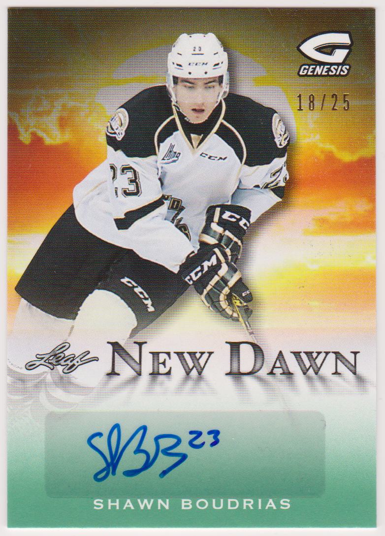 2015-16 Leaf Genesis New Dawn Autographs Emerald #NDSB1 Shawn Boudrias (image for) 2015-16 Leaf Genesis New Dawn Autographs Emerald #NDSB1 Shawn Boudrias