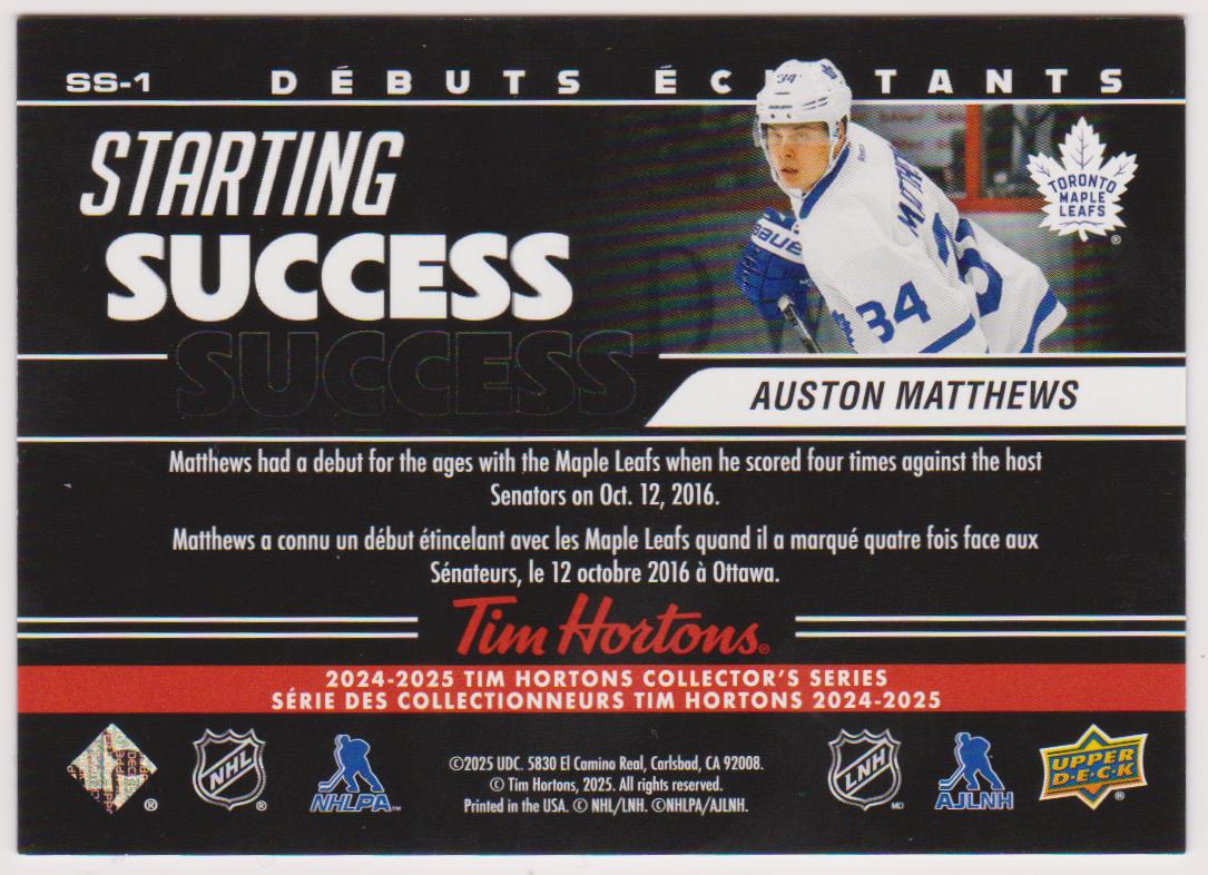 (image for) 2024-25 Upper Deck Tim Hortons Rookie Retrospective Starting Success #SS1 Auston Matthews