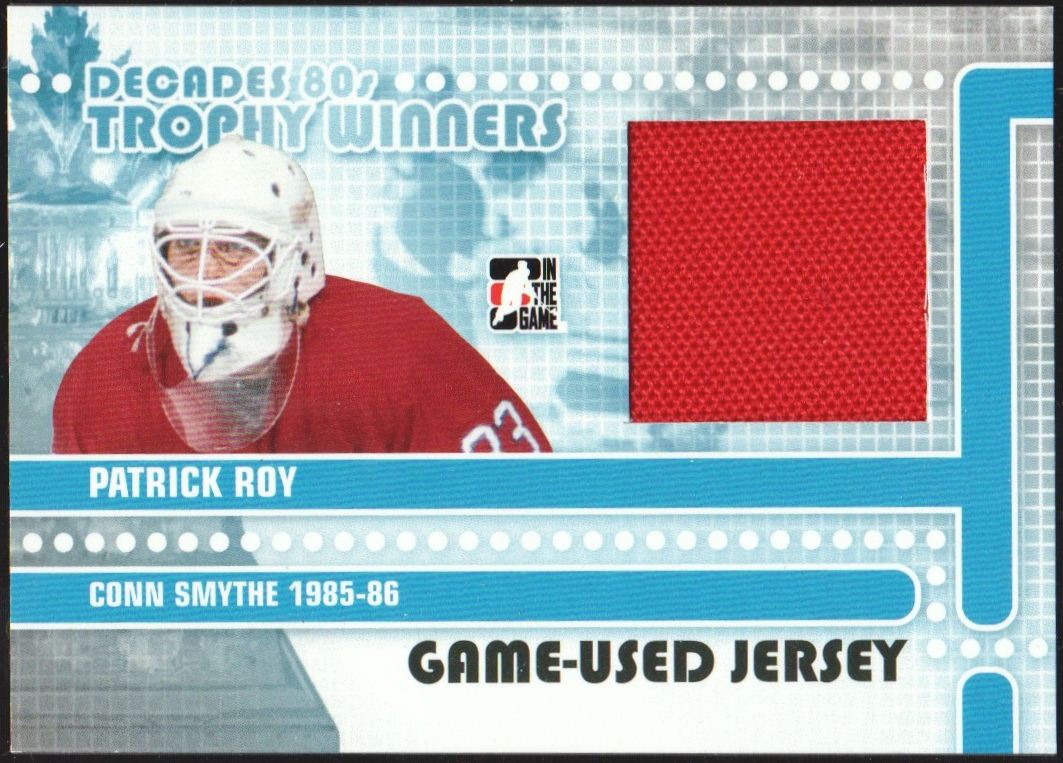 2010-11 ITG Decades 1980s Trophy Winners Jerseys Black #TWJ20 Patrick Roy - Conn Smythe 1985-86 (image for) 2010-11 ITG Decades 1980s Trophy Winners Jerseys Black #TWJ20 Patrick Roy - Conn Smythe 1985-86