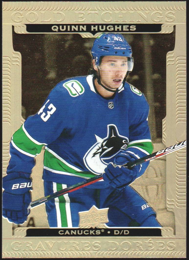 2022-23 Upper Deck Tim Hortons Gold Etchings #G12 Quinn Hughes (image for) 2022-23 Upper Deck Tim Hortons Gold Etchings #G12 Quinn Hughes