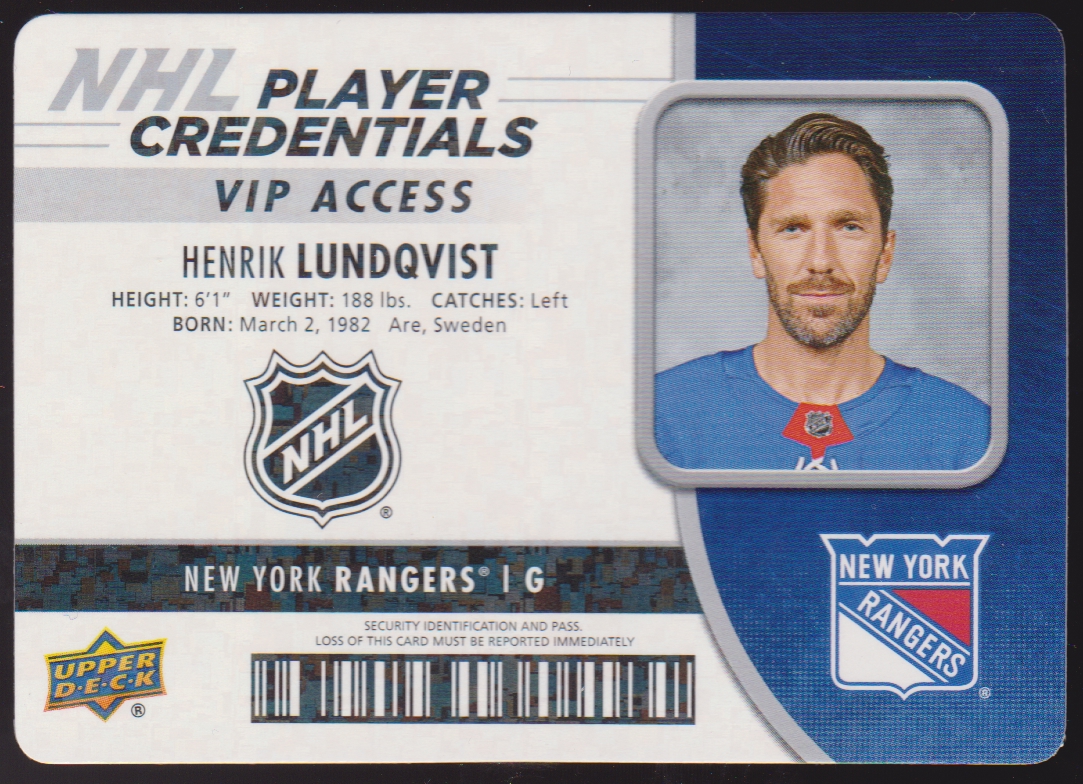 (image for) 2018-19 Upper Deck MVP NHL Player Credentials VIP Access #NHLHL Henrik Lundqvist