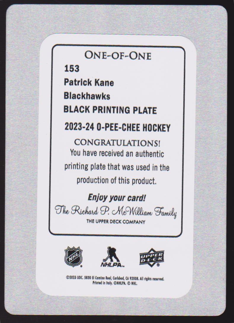 (image for) 2023-24 O-Pee-Chee Retro Printing Plates Black #153 Patrick Kane 1/1