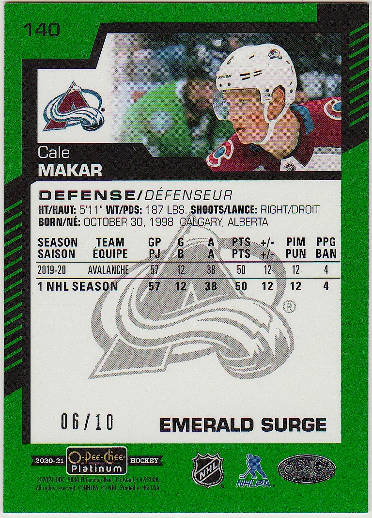 (image for) 2020-21 O-Pee-Chee Platinum Emerald Surge #140 Cale Makar 6/10