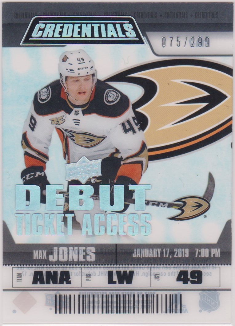 2019-20 UD Credentials Debut Ticket Access #RTA7 Max Jones /299 (image for) 2019-20 UD Credentials Debut Ticket Access #RTA7 Max Jones /299