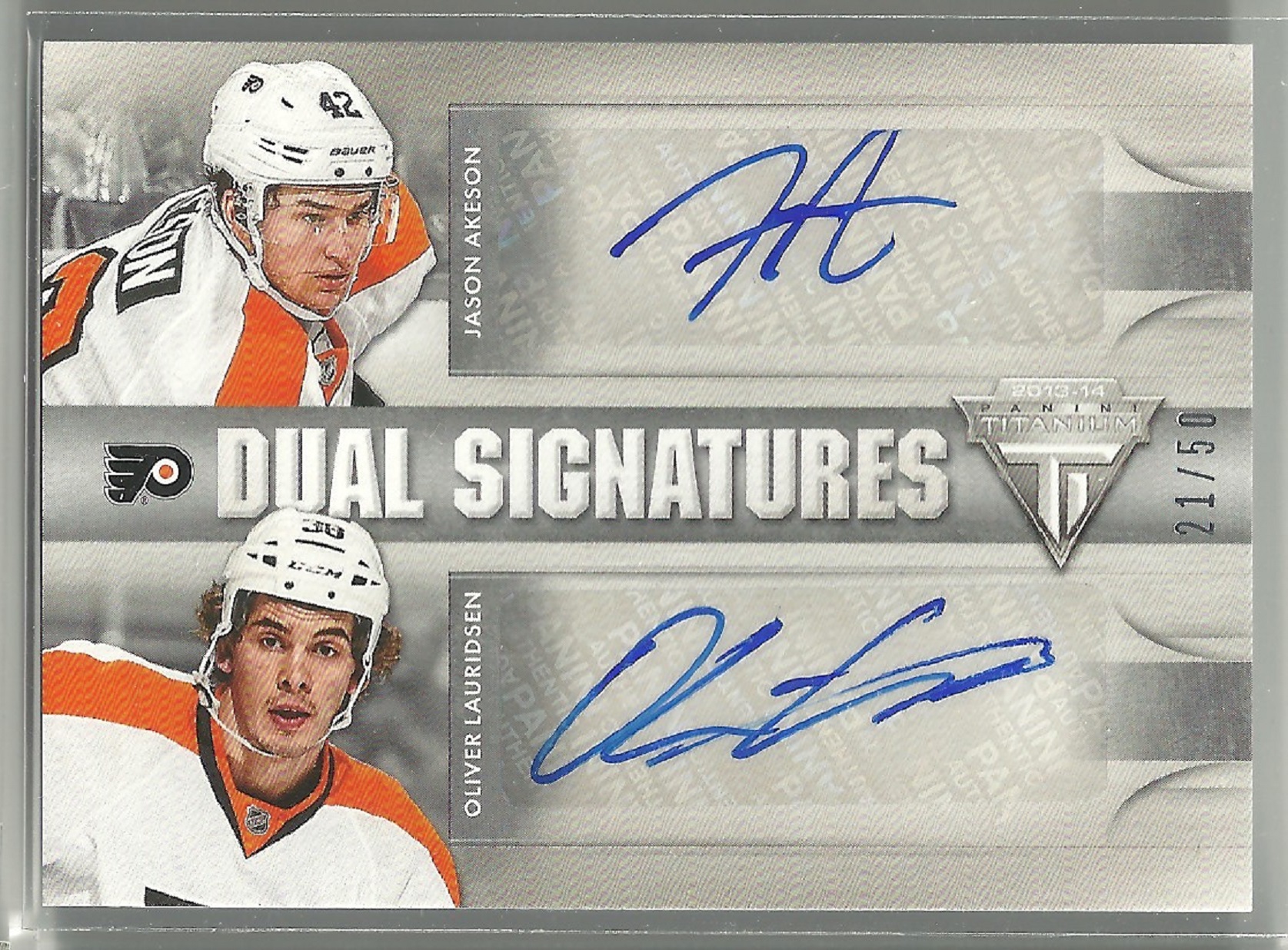 2013-14 Titanium Rookie Dual Signatures #RDPHI Akeson/Lauridsen (image for) 2013-14 Titanium Rookie Dual Signatures #RDPHI Akeson/Lauridsen